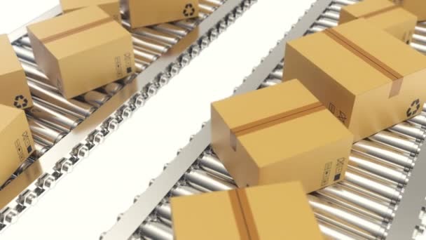 Kartonnen dozen vordert langs transportband riem loopbare animatie. Kartonnen dozen op transportband — Stockvideo