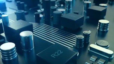 3D animasyon Circut kurulu. Teknolojik altyapı. Merkez bilgisayar işlemci Cpu kavramı. Anakart dijital çip.
