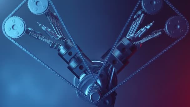 Moteur V6 à l'intérieur, animation en mouvement, pistons, arbre à cames, chaîne, vannes et autres pièces mécaniques voiture. Illustration du fonctionnement en mouvement d'un moteur à combustion interne 