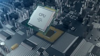3D animasyon Circut kurulu. Teknolojik altyapı. Merkez bilgisayar işlemci Cpu kavramı. Anakart dijital çip. İşlemciyi yuvaya yüklenir.