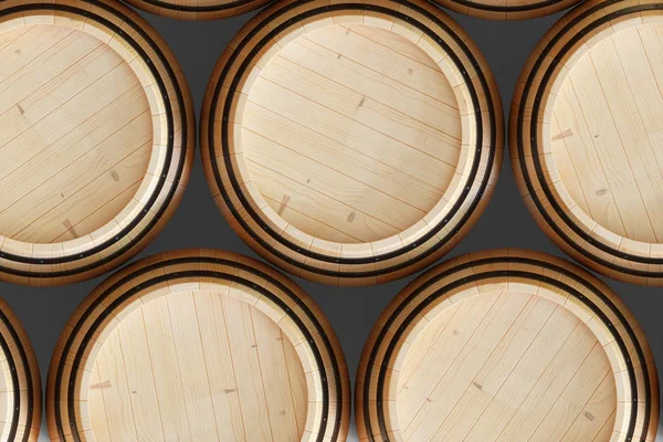 3D Illustration background wooden barrels wine. Alcoholic drink in wooden barrels, such as wine, cognac, rum, brandy