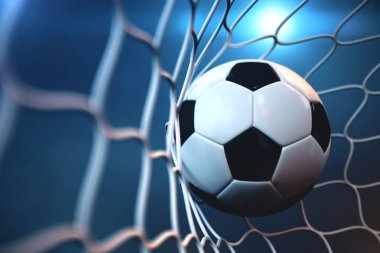 3D render futbol topu kalede. Futbol topu net spotlight veya stadyum ışık arka plan ile. Başarı kavramı