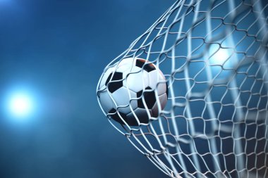 3D render futbol topu kalede. Futbol topu net spotlight veya stadyum ışık arka plan ile. Başarı kavramı