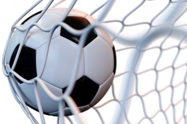 3D render futbol topu gol hareket. Futbol topu net beyaz arka plan üzerinde başarı kavramı izole hareket