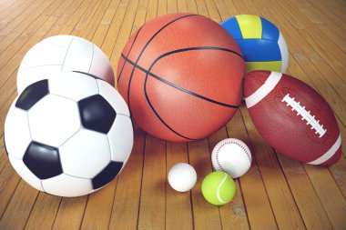 3D render spor topları ahşap backgorund. Spor topları kümesi. Elbiseler ve donatım gibi ABD futbol, basketbol, beyzbol, tenis, golf topu için takım ve bireysel eğlence için oynamak ve sağlığını geliştirmek