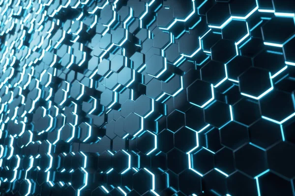 Azul Abstracto Patrón Hexágono Superficial Futurista Con Rayos Luz Renderizado —  Fotos de Stock