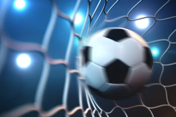 将足球运动中的目标渲染成球 足球在网在运动与聚光灯或体育场轻的背景 成功理念 — 图库照片