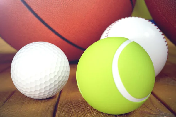 3d rendering sport balls on wooden backgorund. Set of sport balls. Sport equipment such us football, basketball, baseball, tennis, golf ball for team and individual playing for recreation and improve health