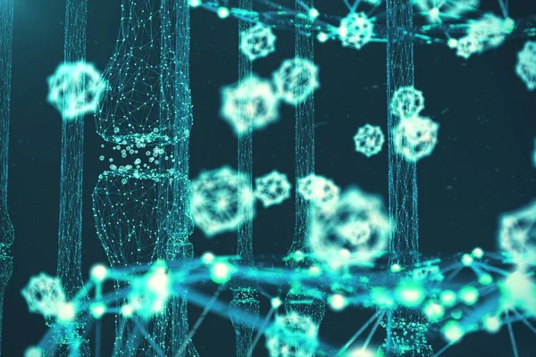 Blå Glödande Synaps Artificiell Neuron Begreppet Artificiell Intelligens Synaptisk Transmission — Stockfoto