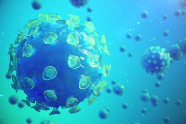 3d çizim viral enfeksiyon kronik hastalık neden. Sarılık virüsü, grip virüsü H1n1, grip, hücre organizma, AIDS'e bulaştırmak. Virüs arka plan.