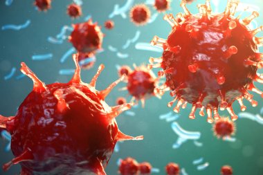 3d çizim viral enfeksiyon kronik hastalık neden. Sarılık virüsü, grip virüsü H1n1, grip, hücre organizma, AIDS'e bulaştırmak. Virüs arka plan.