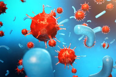 3d çizim viral enfeksiyon kronik hastalık neden. Sarılık virüsü, grip virüsü H1n1, grip, hücre organizma, AIDS'e bulaştırmak. Virüs arka plan.