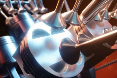 bir içten yanmalı motor 3D Illustration. Motor parçaları, krank, piston, yakıt besleme sistemi. V6 motor piston krank mili siyah bir arka plan ile. Araba motoru içinde gösteren resim