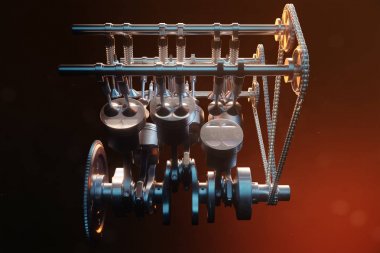 bir içten yanmalı motor 3D Illustration. Motor parçaları, krank, piston, yakıt besleme sistemi. V6 motor piston krank mili siyah bir arka plan ile. Araba motoru içinde gösteren resim