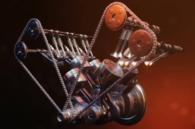 bir içten yanmalı motor 3D Illustration. Motor parçaları, krank, piston, yakıt besleme sistemi. V6 motor piston krank mili siyah bir arka plan ile. Araba motoru içinde gösteren resim
