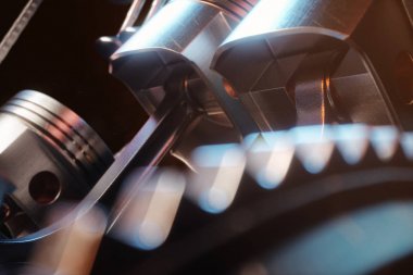 bir içten yanmalı motor 3D Illustration. Motor parçaları, krank, piston, yakıt besleme sistemi. V6 motor piston krank mili siyah bir arka plan ile. Araba motoru içinde gösteren resim