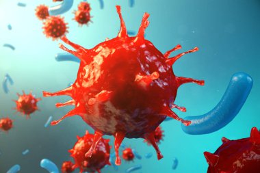 3d çizim viral enfeksiyon kronik hastalık neden. Sarılık virüsü, grip virüsü H1n1, grip, hücre organizma, AIDS'e bulaştırmak. Virüs arka plan.