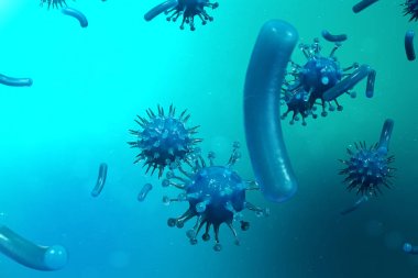 3d çizim viral enfeksiyon kronik hastalık neden. Sarılık virüsü, grip virüsü H1n1, grip, hücre organizma, AIDS'e bulaştırmak. Virüs arka plan.