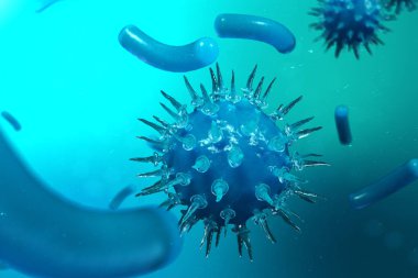 3d çizim viral enfeksiyon kronik hastalık neden. Sarılık virüsü, grip virüsü H1n1, grip, hücre organizma, AIDS'e bulaştırmak. Virüs arka plan.