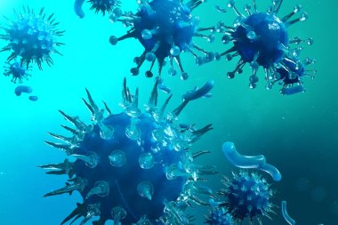 3d çizim viral enfeksiyon kronik hastalık neden. Sarılık virüsü, grip virüsü H1n1, grip, hücre organizma, AIDS'e bulaştırmak. Virüs arka plan.