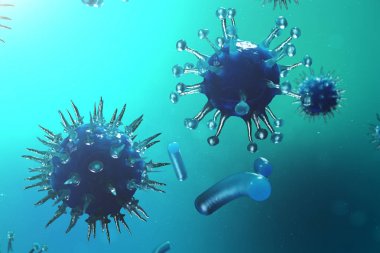 3d çizim viral enfeksiyon kronik hastalık neden. Sarılık virüsü, grip virüsü H1n1, grip, hücre organizma, AIDS'e bulaştırmak. Virüs arka plan.