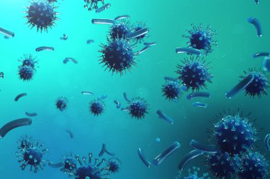 3d çizim viral enfeksiyon kronik hastalık neden. Sarılık virüsü, grip virüsü H1n1, grip, hücre organizma, AIDS'e bulaştırmak. Virüs arka plan.