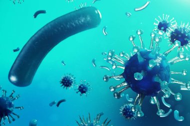 3d çizim viral enfeksiyon kronik hastalık neden. Sarılık virüsü, grip virüsü H1n1, grip, hücre organizma, AIDS'e bulaştırmak. Virüs arka plan.