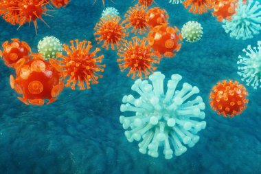 3d çizim viral enfeksiyon kronik hastalık neden. Sarılık virüsü, grip virüsü H1n1, grip, hücre organizma, AIDS'e bulaştırmak. Virüs arka plan.