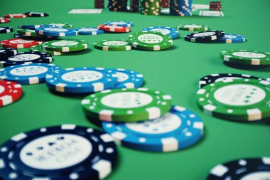 3d çizim cips, kartları ve para casino oyunu için yeşil masada oynarken. Gerçek ya da Online casino kavramı