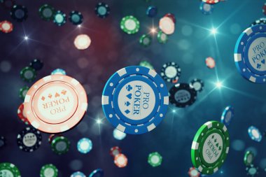 parlak arka plan ile fiş 3D çizim düşüyor casino. Casino kavramı, Poker fişleri.