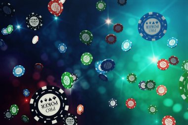 parlak arka plan ile fiş 3D çizim düşüyor casino. Casino kavramı, Poker fişleri.