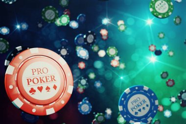 parlak arka plan ile fiş 3D çizim düşüyor casino. Casino kavramı, Poker fişleri.