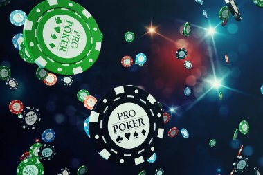 parlak arka plan ile fiş 3D çizim düşüyor casino. Casino kavramı, Poker fişleri.