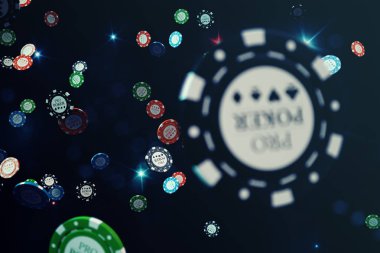 parlak arka plan ile fiş 3D çizim düşüyor casino. Casino kavramı, Poker fişleri.