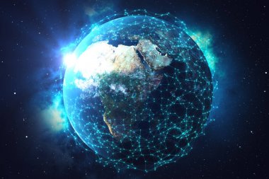 3D render uzayda Dünya gezegeni üzerinde ağ ve veri değişimi. Bağlantı etrafında dünya küre hatları. Mavi güneş doğuyor. Çaplı uluslararası Connectivity, Nasa tarafından döşenmiş bu görüntü unsurları
