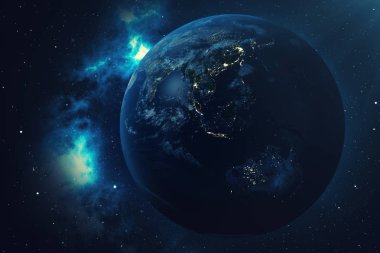 3D render dünya küre bir yıldız alanı gösteren gece gökyüzünde yıldızlar ve Nebula ile uzaydan. Uzaydan Dünya'nın görünümü. Nasa tarafından döşenmiş bu görüntü unsurları