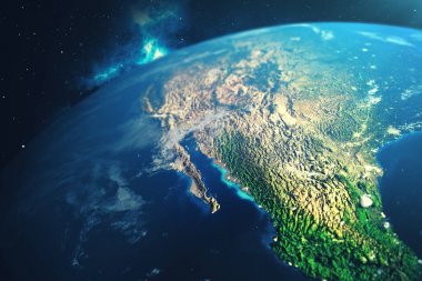 3D render dünya küre bir yıldız alanı gösteren gece gökyüzünde yıldızlar ve Nebula ile uzaydan. Uzaydan Dünya'nın görünümü. Nasa tarafından döşenmiş bu görüntü unsurları