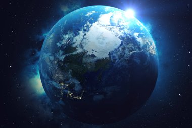 3D render uzayda Dünya gezegeni üzerinde ağ ve veri değişimi. Bağlantı etrafında dünya küre hatları. Mavi güneş doğuyor. Çaplı uluslararası Connectivity, Nasa tarafından döşenmiş bu görüntü unsurları