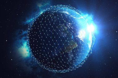 3D render uzayda Dünya gezegeni üzerinde ağ ve veri değişimi. Bağlantı etrafında dünya küre hatları. Mavi güneş doğuyor. Çaplı uluslararası Connectivity, Nasa tarafından döşenmiş bu görüntü unsurları