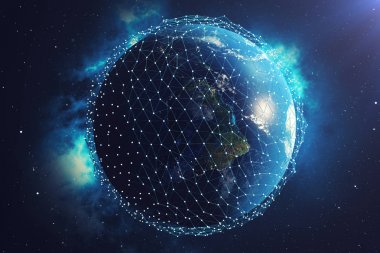 3D render uzayda Dünya gezegeni üzerinde ağ ve veri değişimi. Bağlantı etrafında dünya küre hatları. Çaplı uluslararası Connectivity, Nasa tarafından döşenmiş bu görüntü unsurları