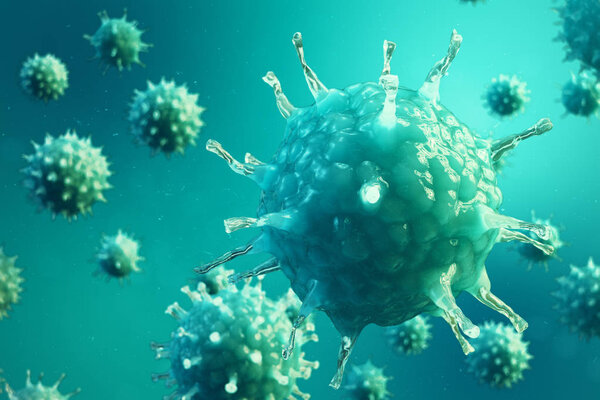 3d illustration viral infection causing chronic disease. Hepatitis viruses, influenza virus H1N1, Flu, cell infect organism, aids. Virus abstract background.