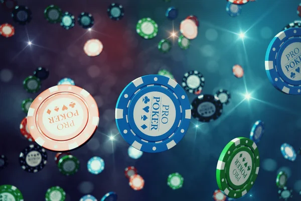 parlak arka plan ile fiş 3D çizim düşüyor casino. Casino kavramı, Poker fişleri.