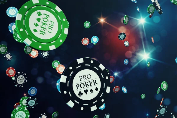 parlak arka plan ile fiş 3D çizim düşüyor casino. Casino kavramı, Poker fişleri.