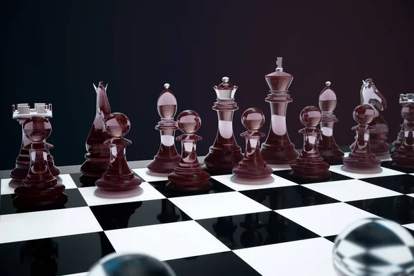 3D illustration Chess game on board. Concepts business ideas and strategy ideas. Glass chess figures on a dark background with depth of field effects