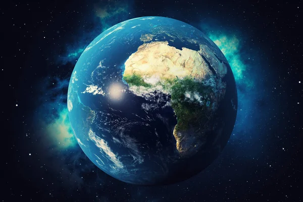 Rendering World Globe Englanniksi Earth Globe Backdrop Starsin Nebulan Kanssa — kuvapankkivalokuva