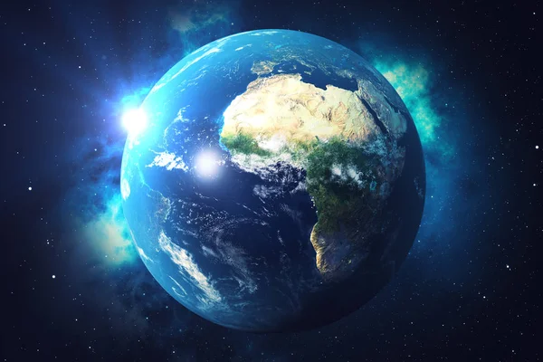 渲染世界地球 地球与背景星和星云 银河和太阳从太空 蓝色日出由 Nasa 提供的这幅图像的元素 — 图库照片