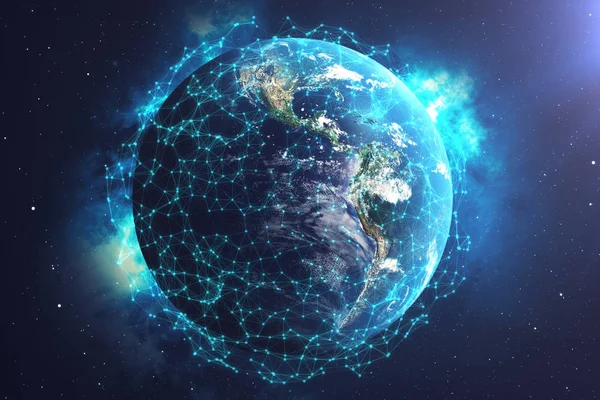 渲染网络和数据交换在行星地球在空间 地球周围的连接线 全球国际连通性 这一形象的元素由 Nasa — 图库照片