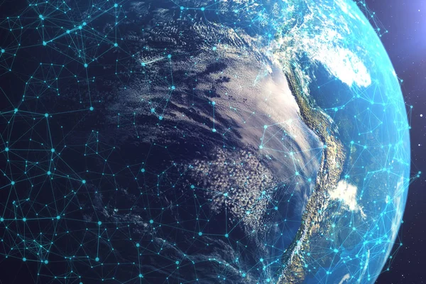 渲染网络和数据交换在行星地球在空间 地球周围的连接线 全球国际连通性 这一形象的元素由 Nasa — 图库照片