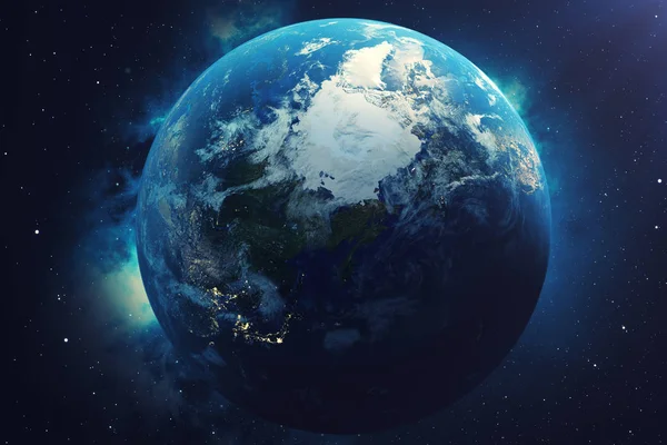 Rendering World Globe Englanniksi Earth Globe Backdrop Starsin Nebulan Kanssa — kuvapankkivalokuva