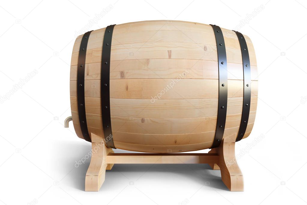3D Illustration wooden barrels wine isolated on white background. Alcoholic drink in wooden barrels, such as wine, cognac, rum, brandy